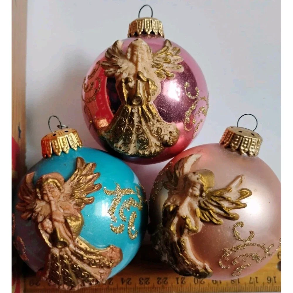 Vintage West Germany Glass Christmas Ornaments Lot 3pc Gold 3D Angel Glitter